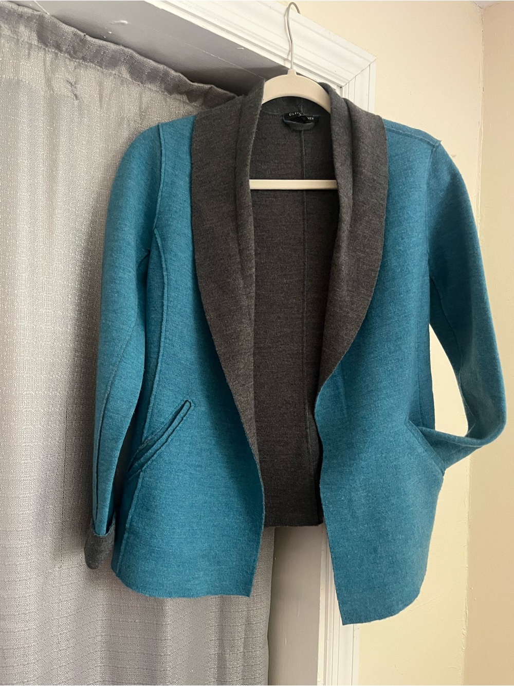 Eileen Fisher Merino Wool Women’s Teal and Charcoal Shawl Collar Jacket PS
